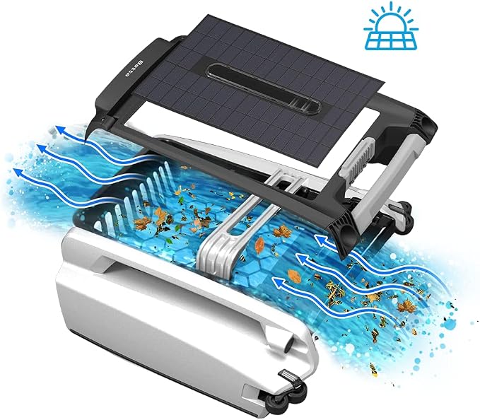 Betta SE Solar Powered Automatic Robotic Pool Surface Skimmer Cleaner with 24/7 Continuous Cleaning Battery Power and Re-Engineered Twin Salt Chlorine Tolerant Motors (White)
