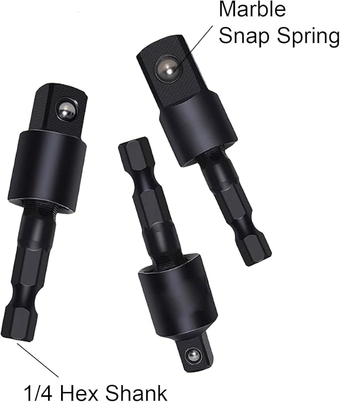17-Pieces Flexible Drill Bit Extension Set with 3 rotatable socket adapters, 2 hex shank 105째 right angle drill attachments, 10 short screwdriver bits, and a 90째 angled bit with a flexible extension
