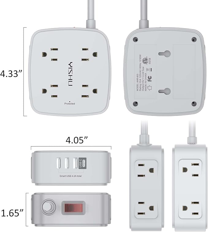 10 Ft Surge Protector Power Strip - 8 Widely Outlets with 4 USB Ports, 3 Side Outlet Extender with 10 Feet Extension Cord, Flat Plug, Wall Mount, Desk USB Charging Station, ETL, Grey