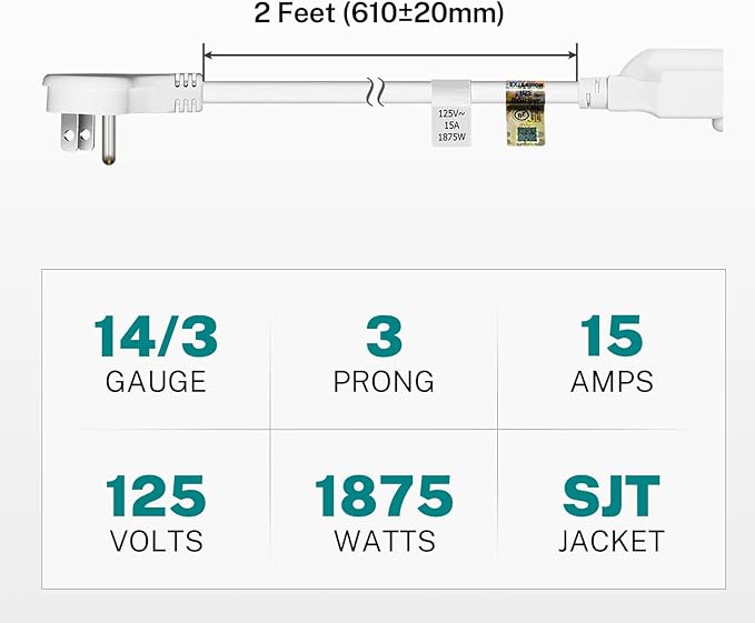 FIRMERST 1875W Flat Plug Extension Cord 3 Feet 14 AWG 15A White, 2 Packs