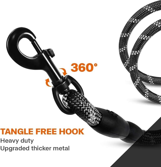 Taglory Rope Dog Leash 5 FT with Comfortable Padded Handle, Highly Reflective Threads Leash and Anti-Tangle Clip for Walking Small Dogs, 3/8 inch, Black