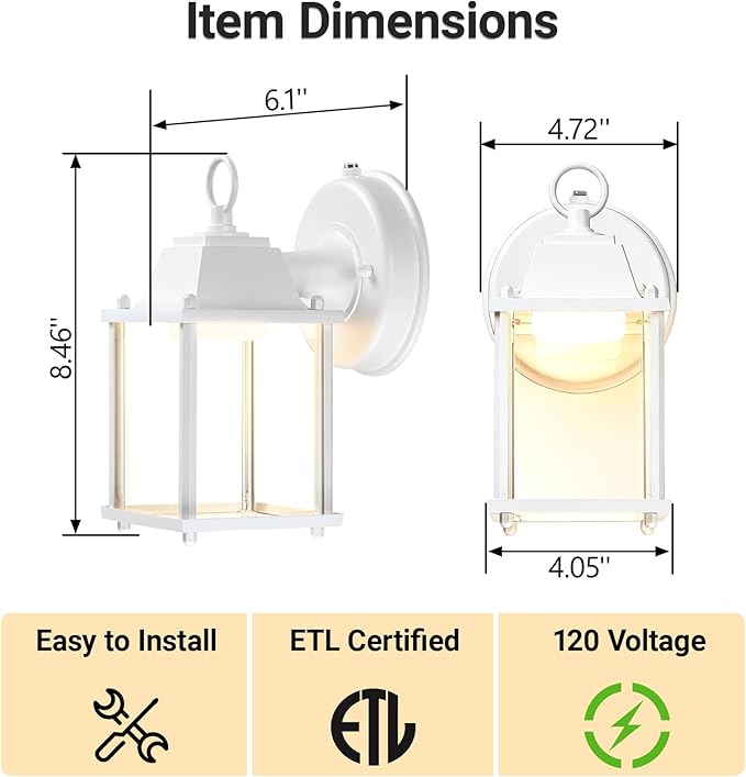 LIT-PaTH Small Outdoor LED Wall Lantern with Dusk to Dawn Photocell, 3000K Warm White, 9.5W, 800 Lumen, Aluminum Housing Plus Glass, Outdoor Rated, 1-Pack, White