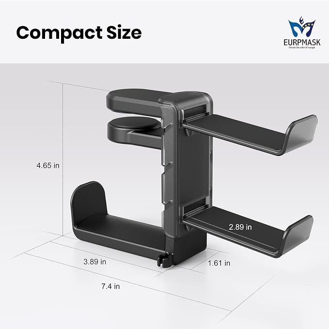 3-in-1 Headset&Controller Holder - EURPMASK Upgraded PC Gaming Headset Stand, Adjustable Clamp-on Headphone Holder,Headphone Controller Hook Under Desk w/ 360 Degree Swivel&Cable Clip Organizer-Black