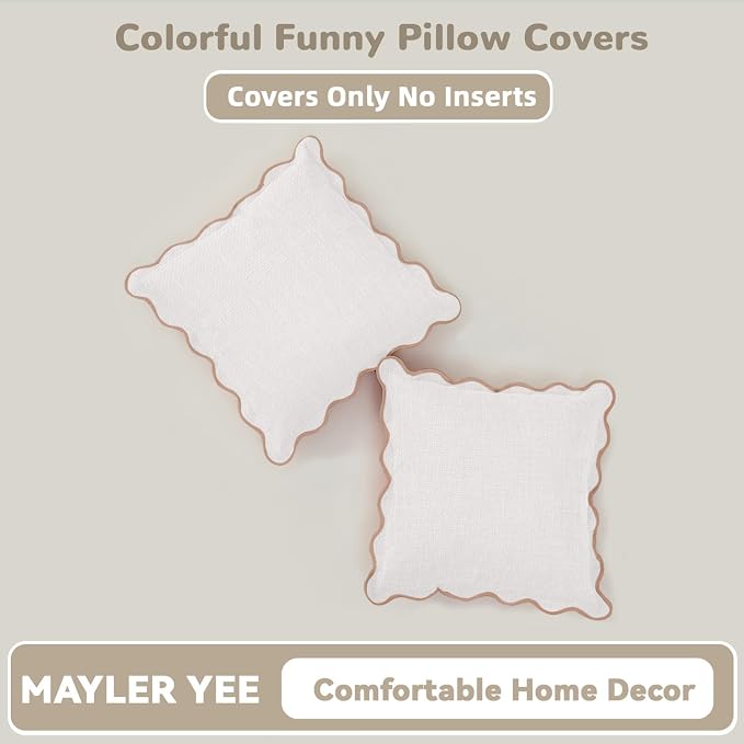 Scalloped Pillow Covers Set of 2 for Living Room | Decorative Sofa Couch Pillows | Boho Sytle Decorative Home | Aesthetic Funky Preppy Pillow Cases (Beige & Brown, 26x26 Inch)