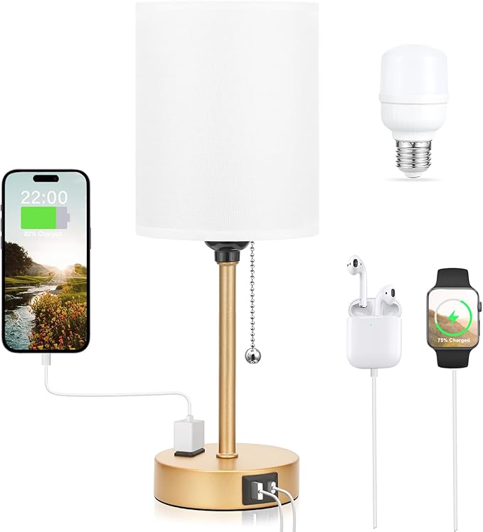 Dicoool Small Bedside Lamps 3 Color Modes - 3000K 4000K 5000K Bedroom Lamps with USB C and A Ports, Pull Chain Gold Table Lamps with AC Outlet, Nightstand Lamps with Gold Metal Base for Kids Reading