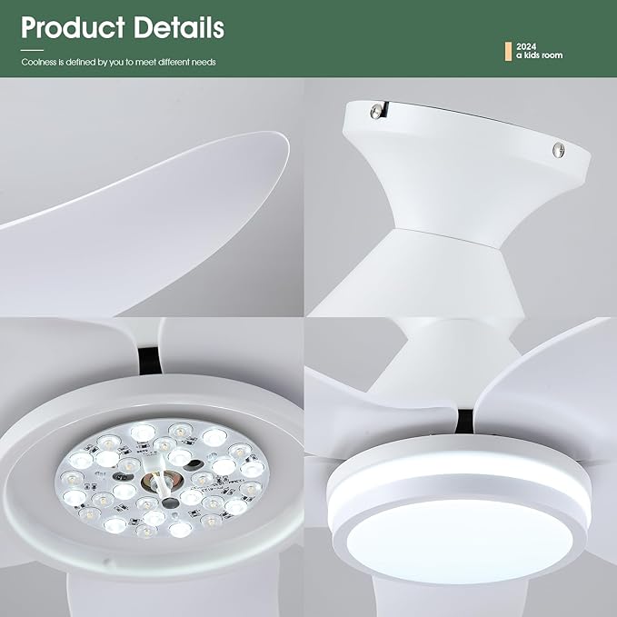 46 inch Ceiling Fans with Lights and Remote/APP Control, Modern Flush Mount Ceiling Fans with 5 Reversible Blades 6 Speeds, 3 Colors Dimmable+Ring Lights for Bedroom Kids Room, White