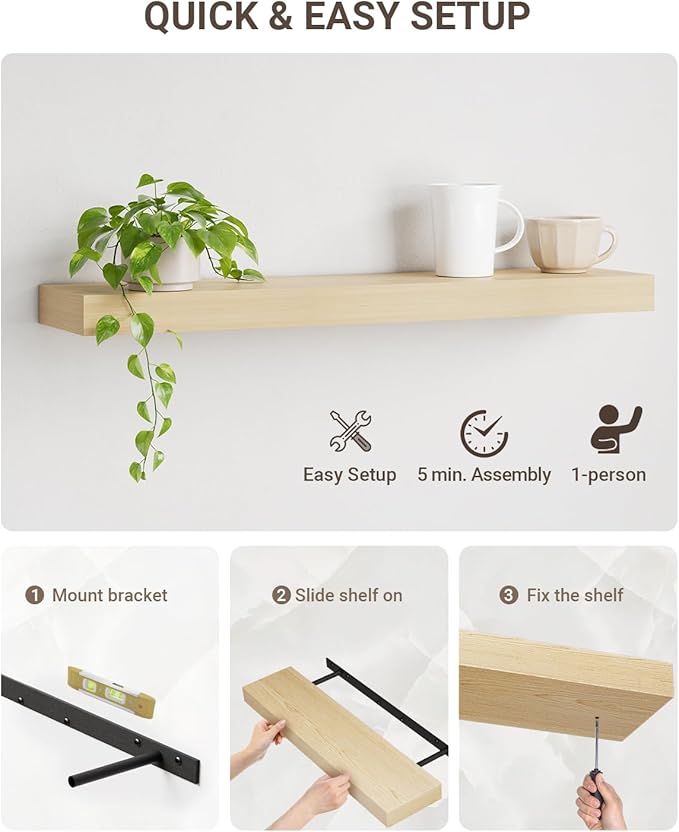 White Oak Floating Shelf for Wall, 3-Piece Long Wood Floating Shelves for Fireplace Mantel, 8D x 2 Inch Thick Wall Shelves for Kitchen Bathroom Living Room Laundry, 50LBS Capacity(35.5&72 In)