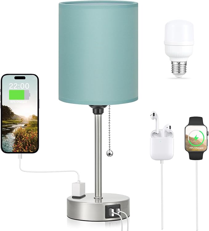 Dicoool Teal Bedside Lamp for Nightstand - 3 Color Temperature Table Lamp with USB C and A Ports, Pull Chain Lamp for Bedroom with AC Outlet, Coastal Desk Lamp with Silver Metal Base for Kids Girls