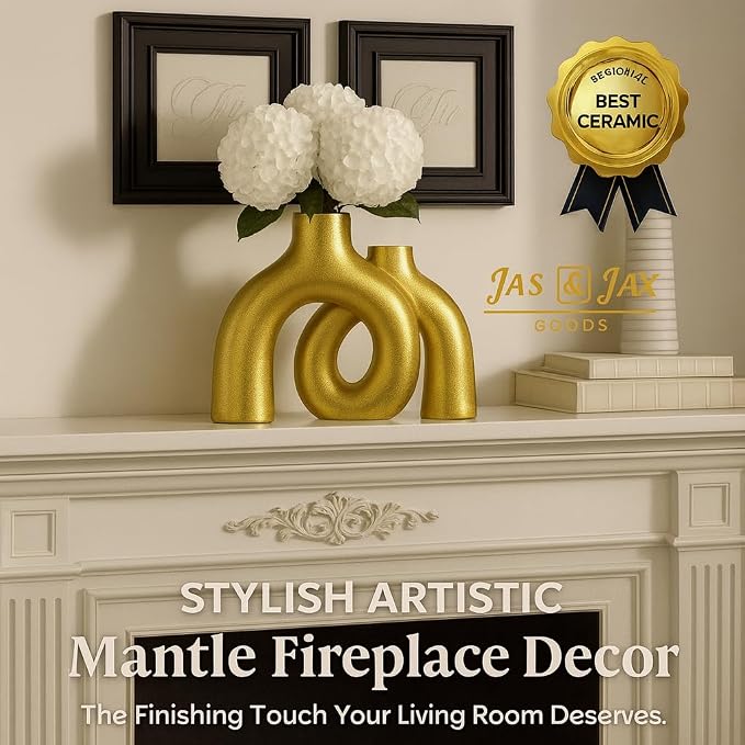 Gold Ceramic Vase Set - Modern Hug Donut Ceramic Vases by JAS & JAX GOODS, Minimalistic Nordic Home Decor Centerpiece for Console Tables, Living Room, Bookshelf, or Fireplace Mantel
