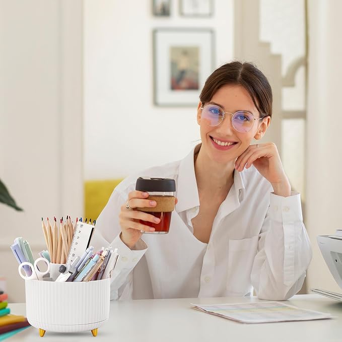SKYDUE 360 Rotating Organizer - Dual-Purpose Pen & Pencil Holder with 5 Slots, Suitable for Office, School, or Home (White)