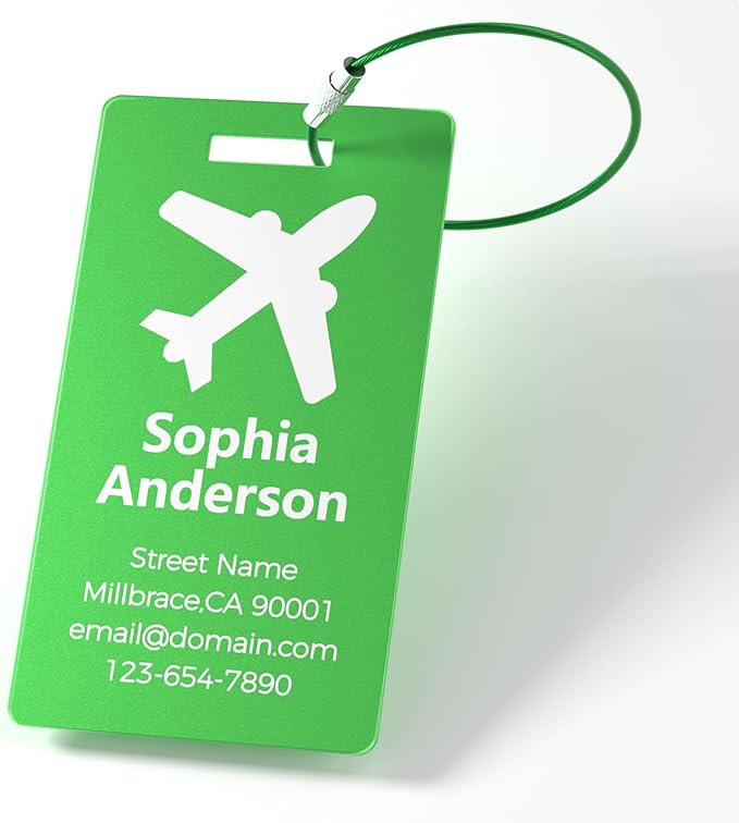 4 Personalized Metal Luggage Tags for Suitcase, Laser Engraved with Text and Logo, Custom Aluminum Name Tags with Stainless Steel Ring, for Travel, Golf Bag, and Baggage (Lake Blue)