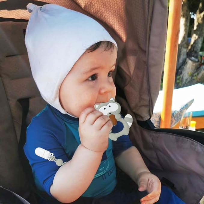 Baby Teething Toys,Food Grade Silicone Teether with One-Piece Pacifier Clip Holder,Shower Gift,Highly Effective Pain Relief for 3 Months+ Boy and Girl,BPA Free,Freezer Safe. (Gray Raccoon)