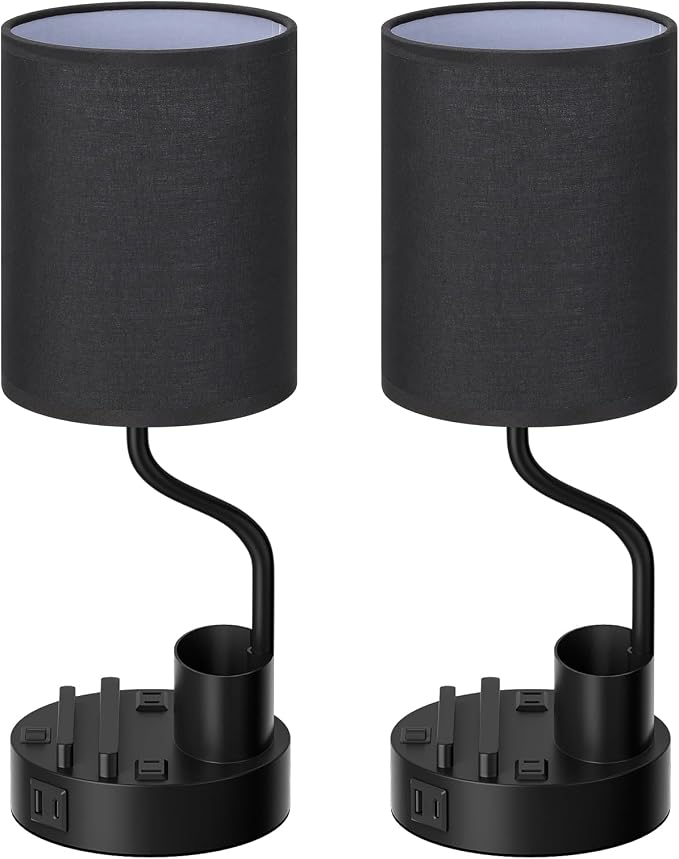 Fenmzee Bedside Lamps for Bedroom Set of 2 - Table Desk Lamp for Nightstand | 15" Table Lamp for Living Room with Pen Holder & Phone Stand, USB A+C Port, AC Outlet, 3 Color Temperature, LED Bulb Included