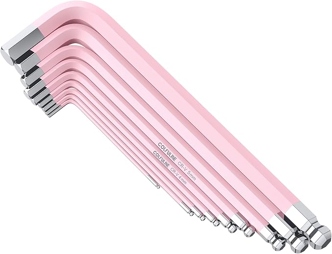 COLFULINE 9 PCS PINK Allen Key Set, Long Ball End Hex Key Set, Cr-V Allen Wrench Set for Women, Size 1.5-10mm with Colour-Coding for Best Gifts and Home Repair
