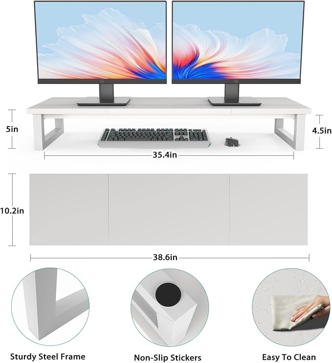 YAOHUOO Dual Monitor Stand Riser, 39Inch Large Monitor Stands for 2 Monitors, Computer Monitor Stand, Wooden Desktop Oraganizer Shelf for Office Desk Computer,Laptop,TV