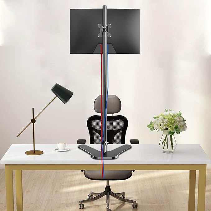 Single Tall Monitor Mount, Extra Long Computer Stand with 47 inch Pole, Floor Computer Stand, Free-Standing Monitor Desk Mount Support 13 to 27 inch Screen,22lbs