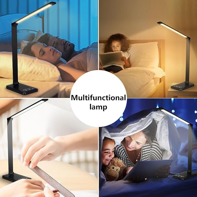 White crown LED Desk Lamp Dimmable Table Lamp Reading Lamp with USB Charging Port, 5 Lighting Modes, Sensitive Control, 30/60 Minutes Timer (Black, First-Generation)