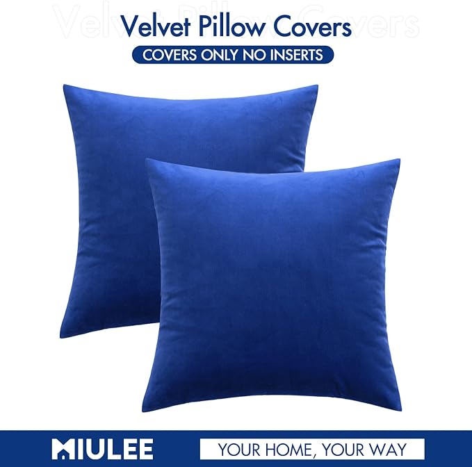MIULEE Velvet Throw Pillow Covers 18x18 Inch Pack of 2 Royal Blue | Soft Solid Decorative Pillow Covers, Modern Luxury Home Decor, for Couch Chair Sofa Bedroom Livingroom
