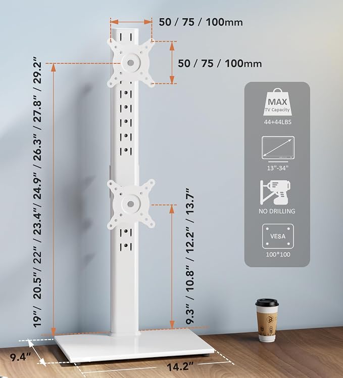 Dual Monitor Stand - Vertical Stack Screen Free-Standing Monitor Riser Fits Two 13 to 34 Inch Screen with Swivel, Tilt, Height Adjustable, Holds One (1) Screen up to 44Lbs HT05W-002 White