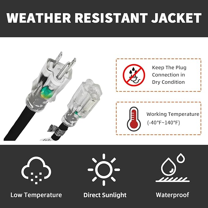 Indoor Outdoor Extension Cord Weatherproof with Lighted End, UL Certified, 14 Gauge 8FT Black 3 Prong Heavy Duty, 14/3 SJTW 15A Power Cord for Outdoor Lights, Lawn
