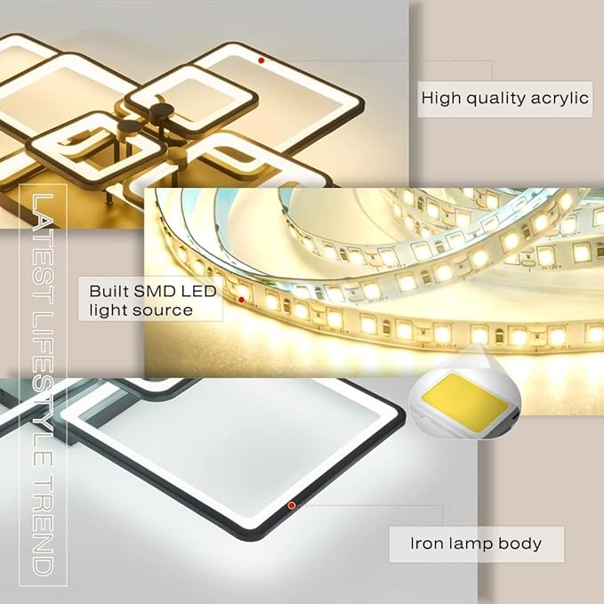 Modern LED Ceiling Lamp, 41.7in Flush Mount for Living Room, Kitchen, Bedroom - Dimmable, 8 Square Frame Acrylic with Remote