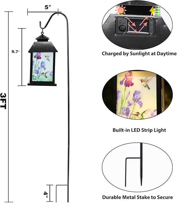 Afirst Solar Lantern Outdoor, Hanging Lights Decorative Hummingbird Outdoor Lighting Waterproof Umbrella Lights for Patio Garden, Table,Party Decor(Included Shepherd Hook)