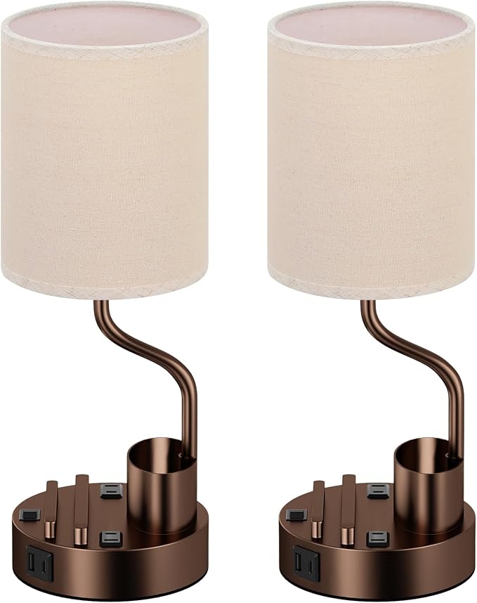 Fenmzee Bedside Lamps for Bedroom Set of 2 - Table Desk Lamp for Nightstand | 15" Table Lamp for Living Room with Pen Holder & Phone Stand, USB A+C Port, AC Outlet, 3 Color Temperature, LED Bulb Included