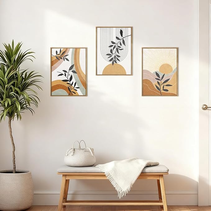 BINCUE Boho Line Wall Art Abstract Plant Wall Decor Mid Century Artwork for Living Room Bedroom Office 12"x16" Set of 3