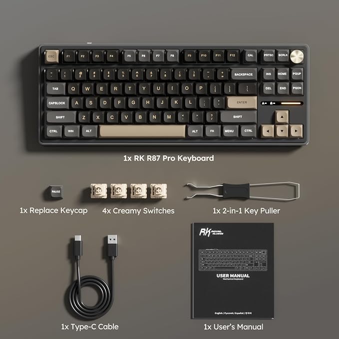 RK ROYAL KLUDGE R87 Pro Wired Mechanical Keyboard with Hot Swappable Knob 75% Creamy Gaming Keyboard 88 Keys TKL Gasket Mounted RGB Backlit with QMK/VIA, MDA Profile, Linear Creamy Switch, Black
