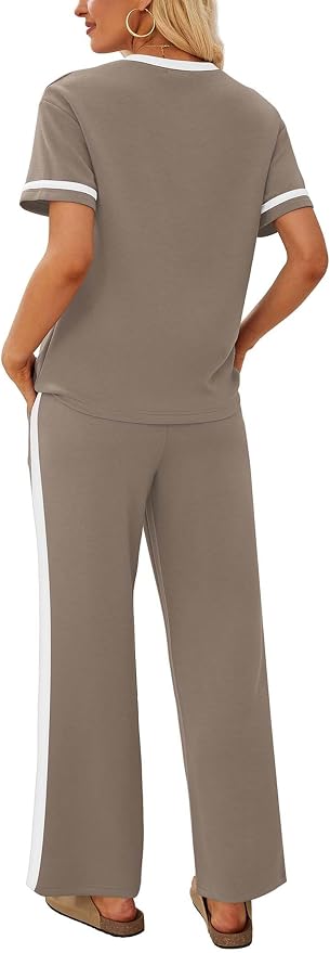 Sampeel 2 Piece Sets for Women Matching Sets Summer Outfits Resort Wear Short Sleeve Lounge Set Wide Leg Pants with Pockets