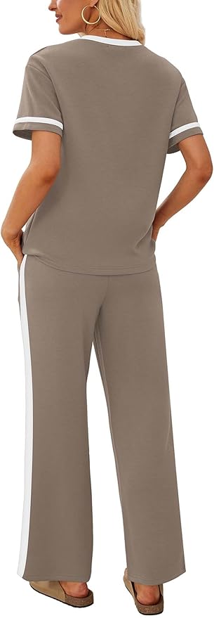 Sampeel 2 Piece Sets for Women Matching Sets Summer Outfits Resort Wear Short Sleeve Lounge Set Wide Leg Pants with Pockets