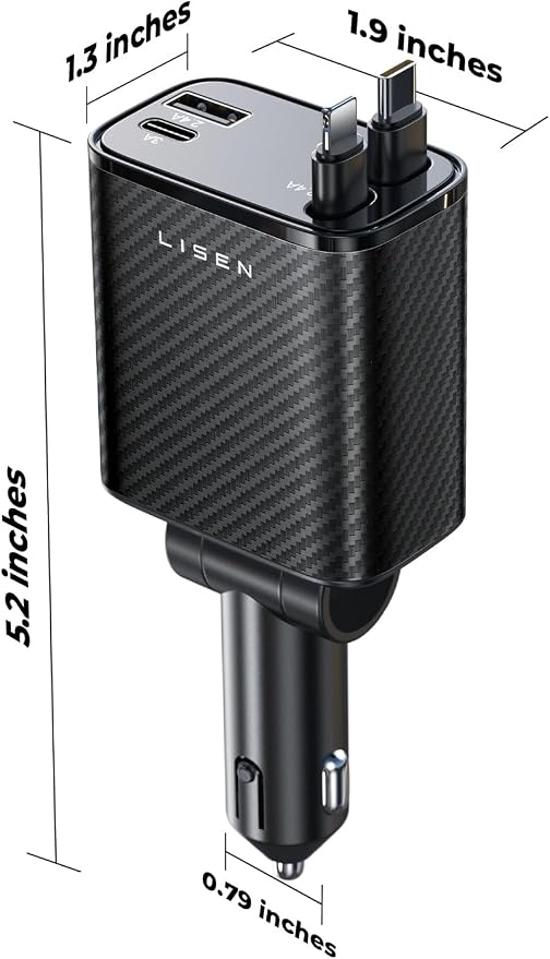 LISEN Retractable Car Charger, 84W Car Charger USB C Fast Charger Adapter, Car Accessories for Men Women, Gifts for Fathers Day for Men Dad Husband, for iPhone 17 16 15 14 13 12 Pro Max, Carbon-Black | Car Accessories, Compatible with iPhone 17 16 15 1...