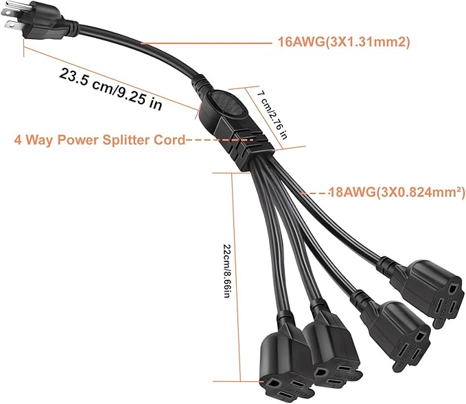 3 Prong Outlet Splitter Extension Cord,1-to-4 Indoor Outdoor Extension Cord,20 inch Y-Type Power Splitter,SJT 16AWG,UL Approved for Home Office Appliance,LED Stage Lights and Electronics(Black)