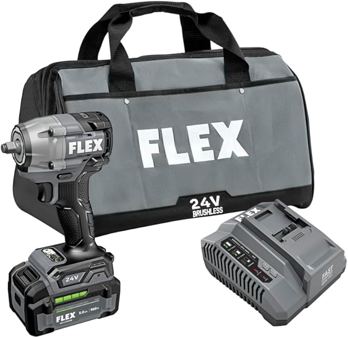 FLEX 24V Brushless Cordless 3/8-Inch 450 Ft-Lbs Torque Compact Impact Wrench Kit with 5.0Ah Lithium Battery and 160W Fast Charger - FX1431A-1C