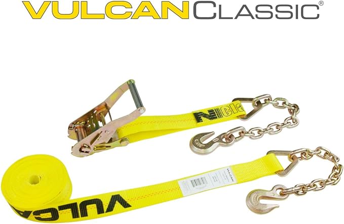 VULCAN Ratchet Strap with Chain Anchors - 2 Inch x 30 Foot - Classic Yellow - Case of 3-3,600 Pound Safe Working Load