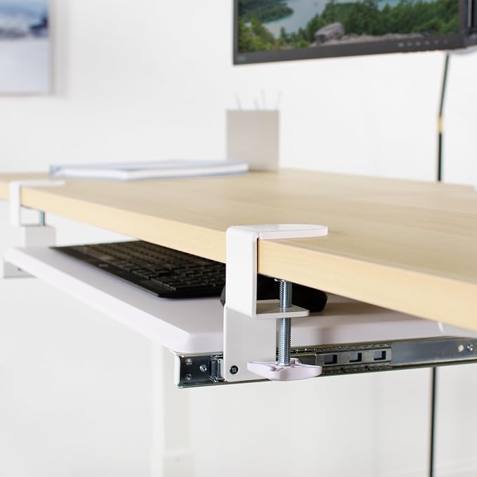 VIVO Large Clamp-on Computer Keyboard and Mouse Under Desk Slider Tray, 27 x 11 inch Pull Out Platform Drawer, White, MOUNT-KB05W | Keyboard Tray for Typing, Slide Out Platform, Extra Sturdy C-Clamp Mount System, Computer Drawer, White Frame