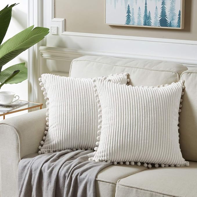 Fancy Homi 2 packs Cream White Boho Decorative Throw Pillow Covers with Pom-poms, Soft Corduroy Solid Square Cushion Cases Set for Living Room Couch Sofa Bedroom Car (20x20 Inch/50x50 cm, Cream White)