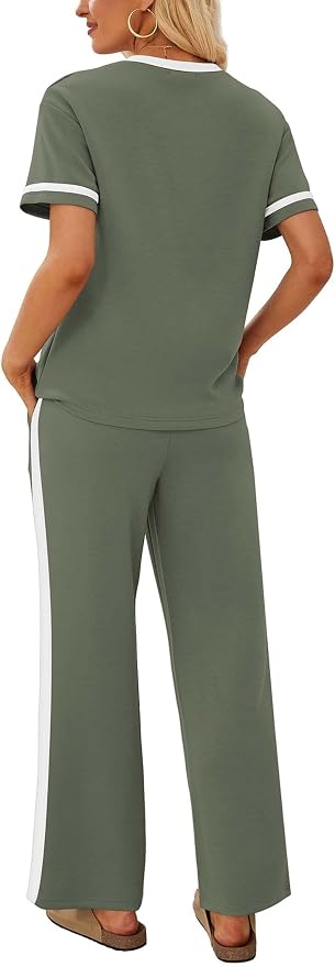 Sampeel 2 Piece Sets for Women Matching Sets Summer Outfits Resort Wear Short Sleeve Lounge Set Wide Leg Pants with Pockets