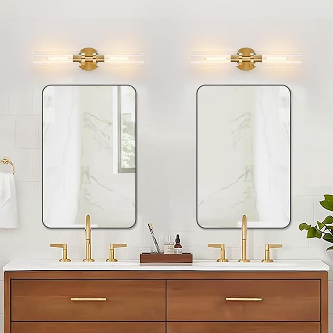Wall Sconces Set of Two, Hardwired Brushed Gold Bathroom Sconces Wall Lighting with Clear Glass, Modern Sconces Wall Decor Set of 2 Bathroom Light fixtures for Mirror Hallway (Bulbs Not Included)