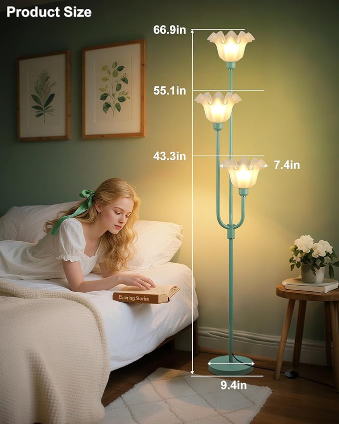 Lightdot Flower Floor Lamp 3-Lights Rustic Floor Lamps with 3000K Warm White Bulbs for Wedding Party Modern Tall Standing Lamp for Living Room/Bedroom-Grey Green-12