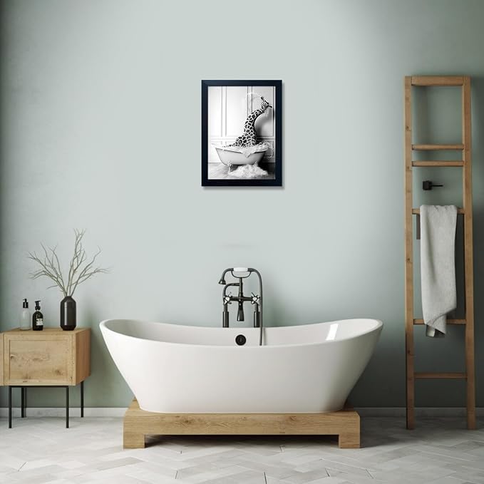 Framed Animal Bathroom Wall Art Black and White Canvas Wall Art Funny Giraffe in Bathtub Print Farmhouse Painting Kids Bathroom Decor