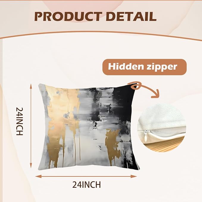 Black & Gold Pillow Covers, Abstract White & Gold Set of 2, 24x24 Modern Pillows for Couch & Bed