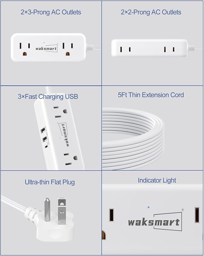 Flat Plug Power Strip - 5 Ft Thin Flat Extension Cord with 4 AC Outlets 3 USB Ports (5V/3.4A 17W), Flat Outlet Wall Plug Compact for College Dorm, Travel, Home, Office Desk Accessories