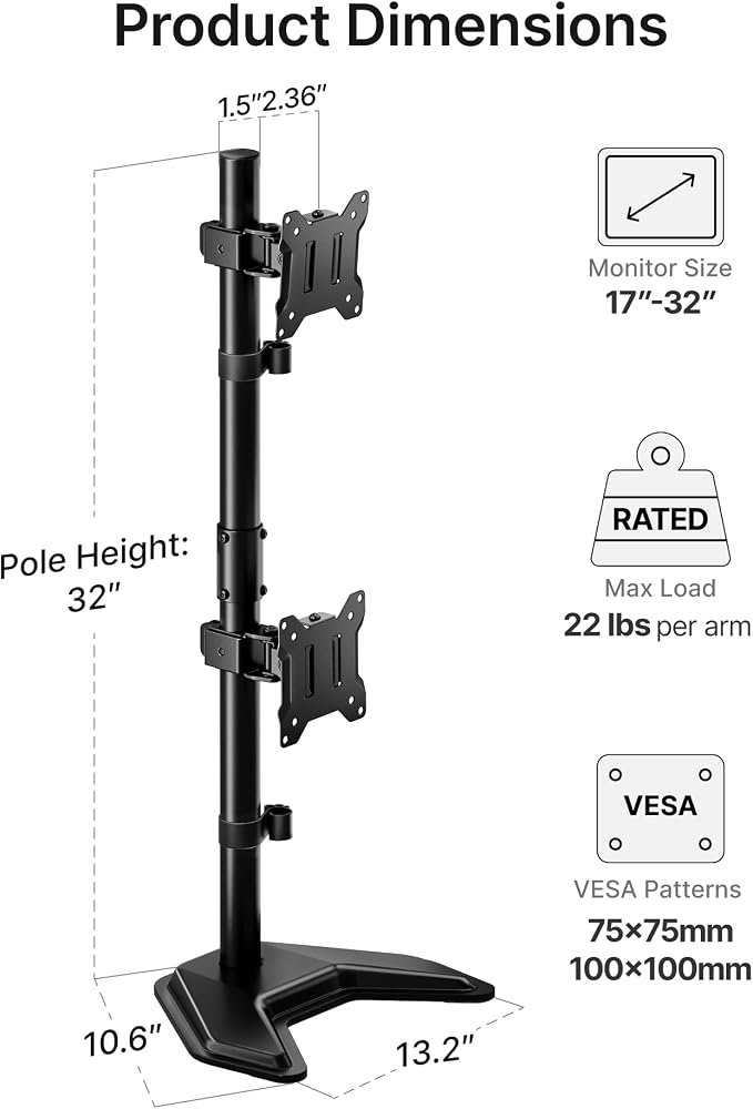 monTEK Freestanding Stacked Dual Monitor Stand for 17-32", 22 lbs Each | Solid V-shaped base, vertical dual-screen full-motion arms, height adjustment, tilt, swivel, rotation and VESA 75/100