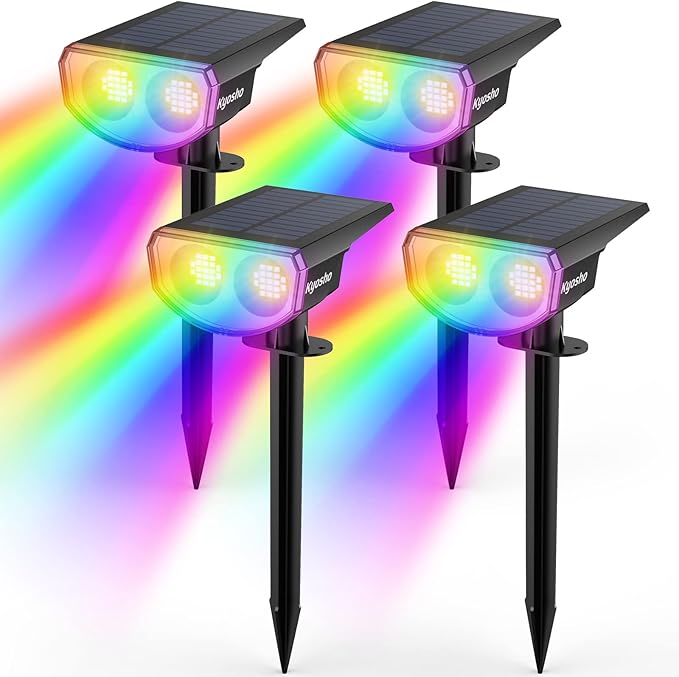 Kyosho Color Changing Solar Outdoor Lights, 9 Lighting Modes Halloween Christmas Lights, Waterproof RGBW Multicolor Solar Spotlight for Tree Pool Garden, 4 Pack