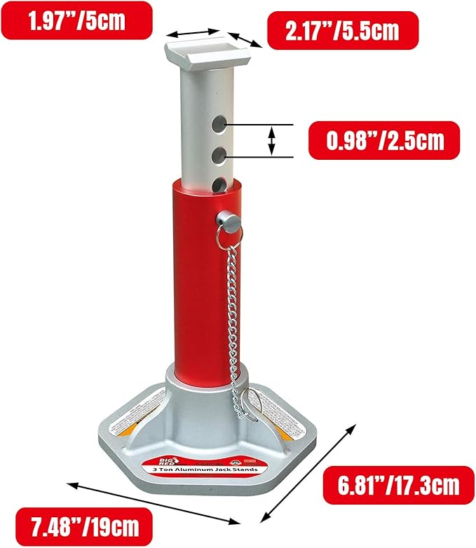 Big RED 3 Ton Aluminum Jack Stands, for Cars, ATV's and UTV's, with 6 Locking Support Pins, Red/Silver, 2 Pack