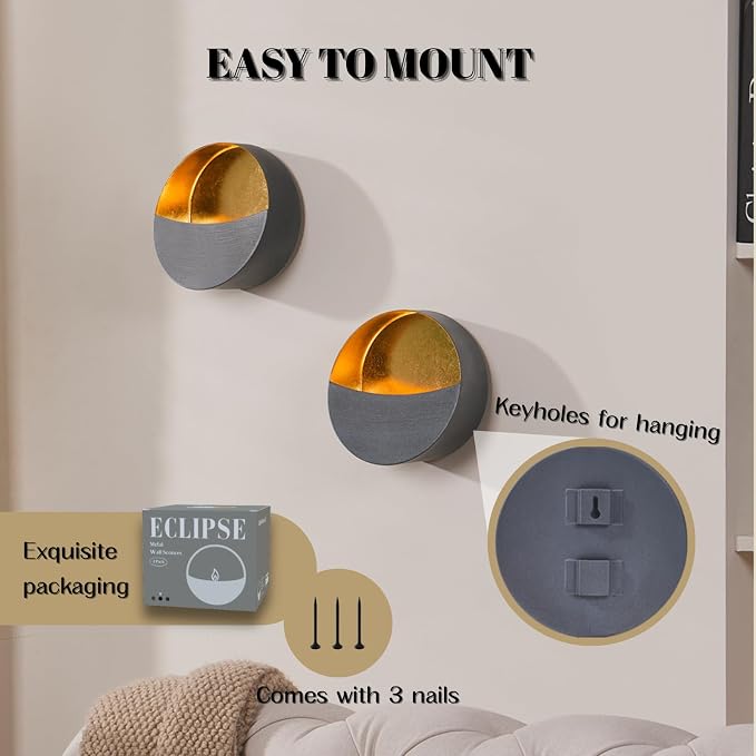 Eclipse Candle Sconces Set of 2, Wall Candle Holders with Gold Interior | Modern Gray Metallic Wall Candlestick Holders with Golden Foil Christmas Decor for Living Room, Bedroom, or Farmhouse Decor