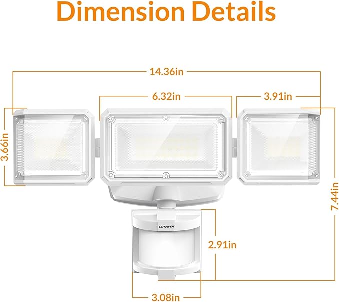LEPOWER Battery Powered LED Flood Light Outdoor,1500LM Motion Sensor Security Lights, IP65 Waterproof,Wireless Flood Light Battery Operated,3 Head Motion Detector Light for Garage,Yard,Porch(White)