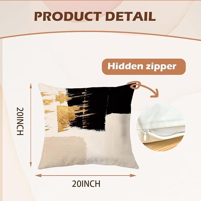 Black Beige and Gold Abstract Pillow Covers 20x20 Double-Sided, Mid Century Modern Decorative Throw Pillow Covers for Living Room Bedroom, Modern Home Decor, Black and Gold Decor, Set of 2