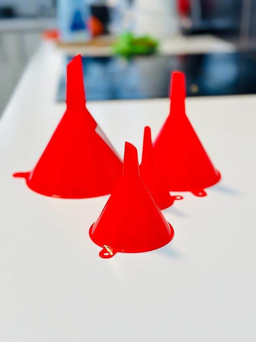 Funnel for Kitchen Use – Red Set in 4 Sizes (122, 101, 76 & 50mm) | Durable, Non-Toxic Food Grade Plastic – Ideal for Filling Bottles, Jars & Containers | Perfect for Kitchen, Garage & Labs